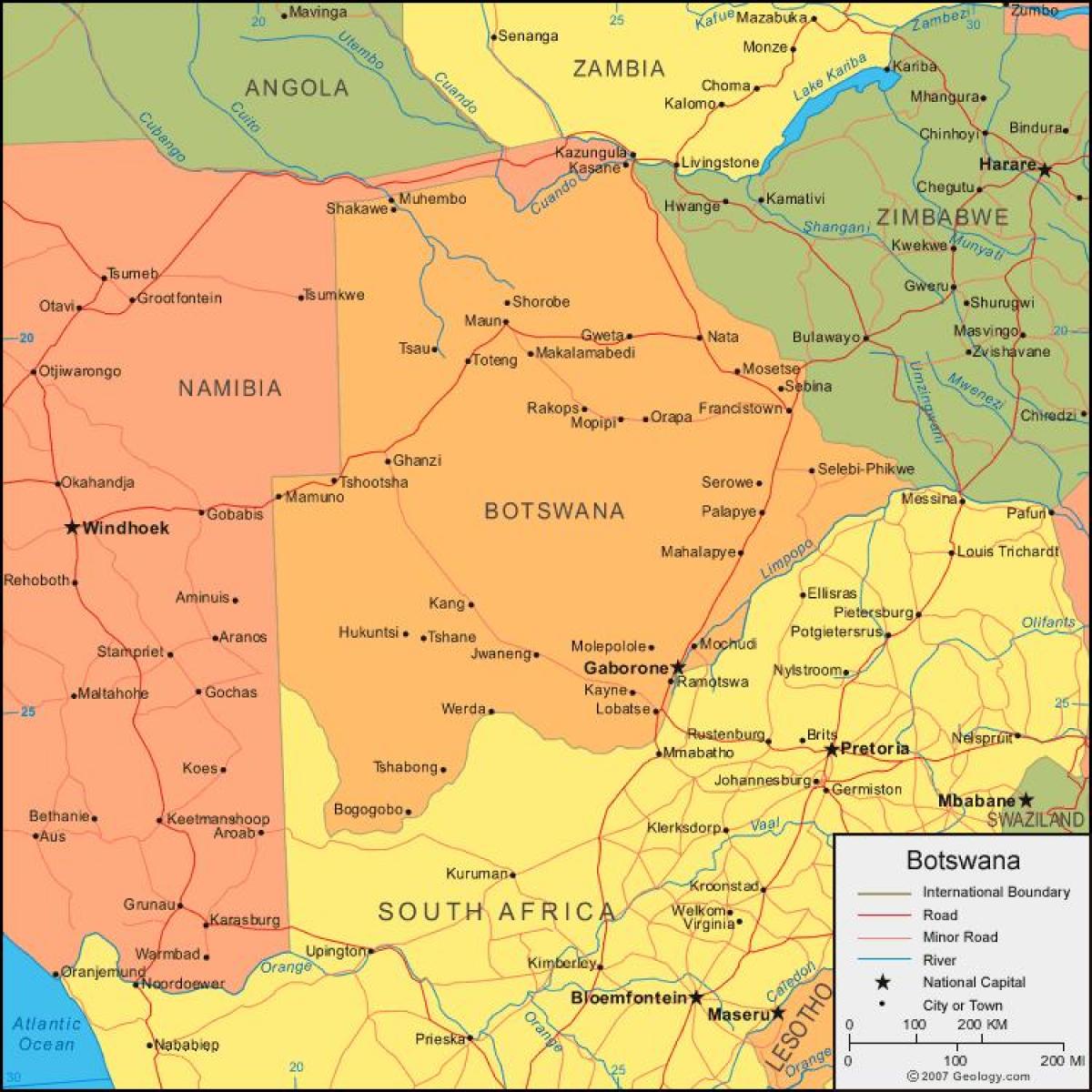 карта Ботсвани із зазначенням всіх сіл